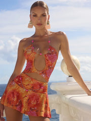 Tie Dye Chains Splice Halter Hollow A-line Bodycon Attractive Beach Frock