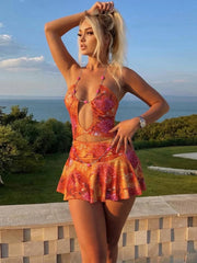 Tie Dye Chains Splice Halter Hollow A-line Bodycon Attractive Beach Frock