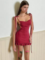 Elegant Tie Strap Ruffles Edge Open Back Sleeveless Bodycon Mini Dress