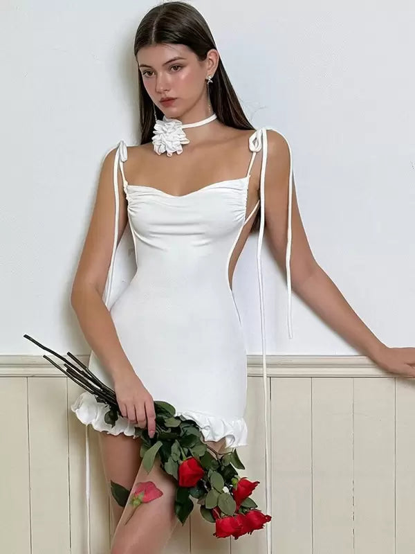 Elegant Tie Strap Ruffles Edge Open Back Sleeveless Bodycon Mini Dress
