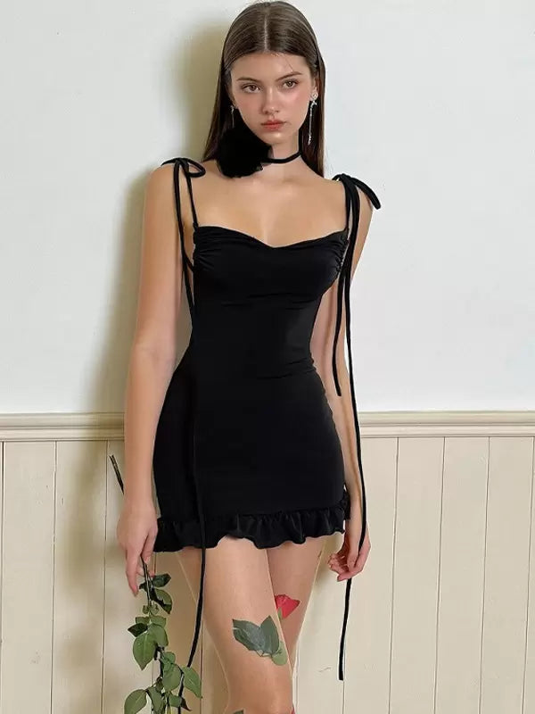 Elegant Tie Strap Ruffles Edge Open Back Sleeveless Bodycon Mini Dress