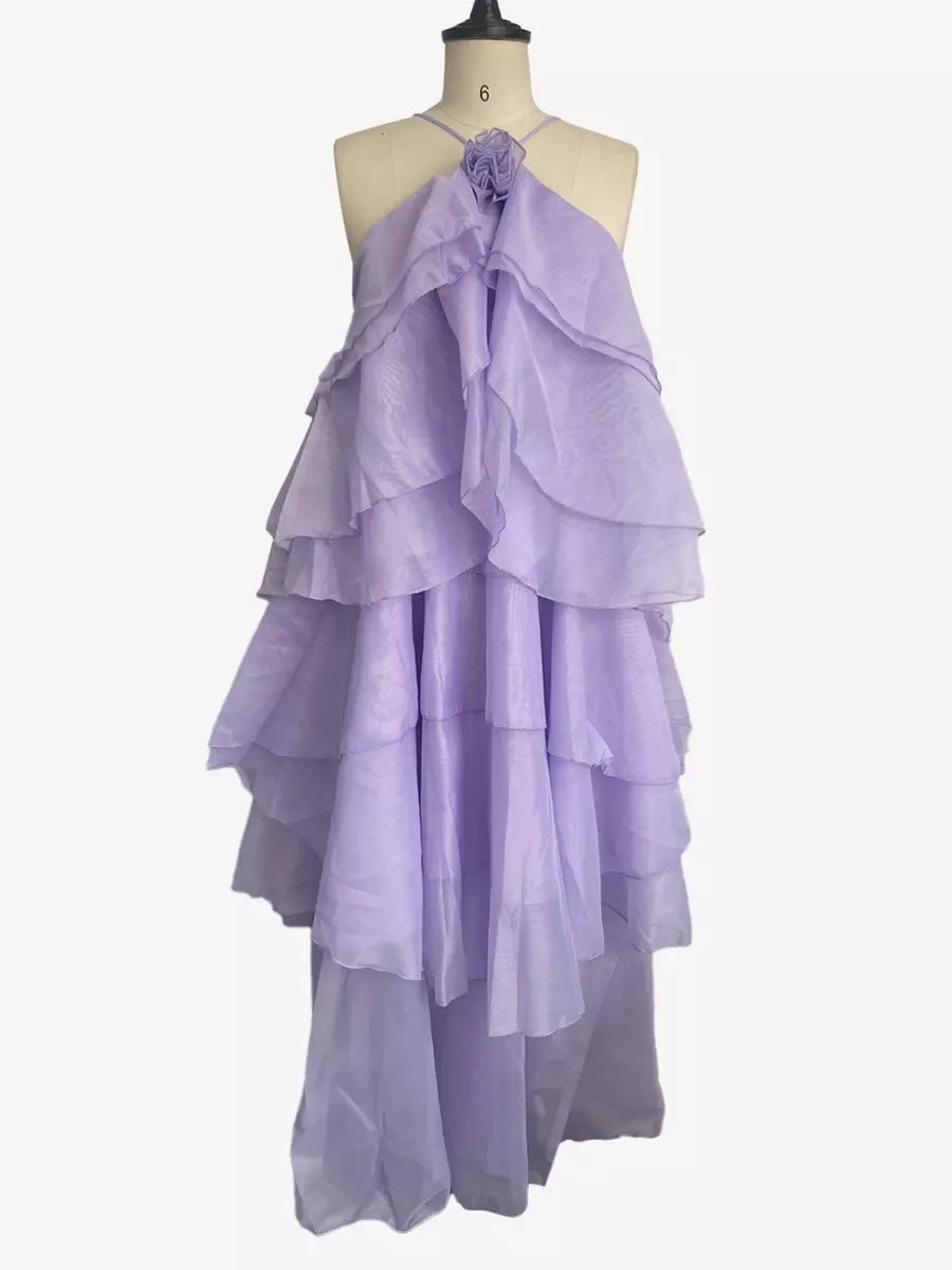 Tiered With Floral Accents And Open Back Events Maxi Dress