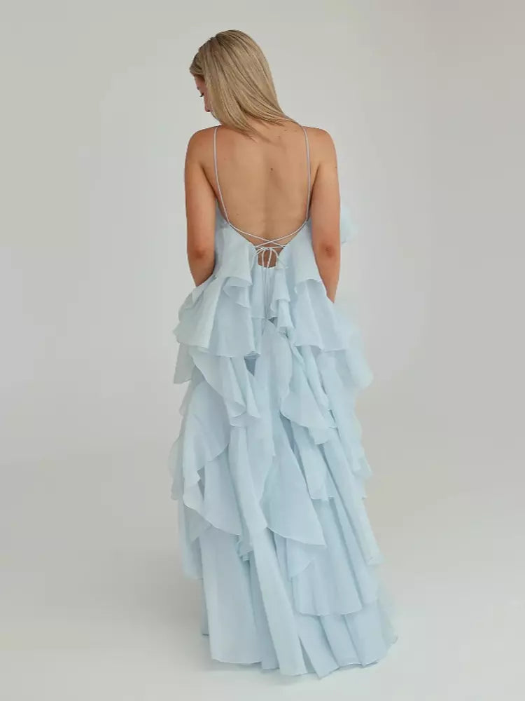 Tiered With Floral Accents And Open Back Events Maxi Dress