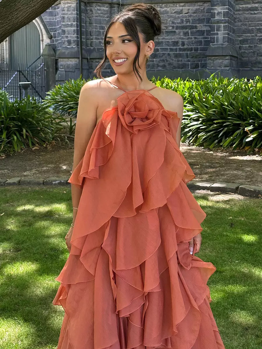 Tiered With Floral Accents And Open Back Events Maxi Dress