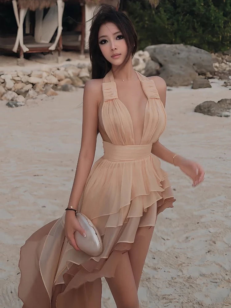 Tierred Tassel Backless Sleeveless Halter Lace Pleated Beach Vacation Party Bodycon Dress