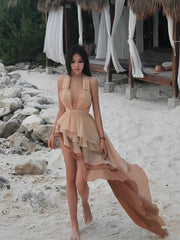 Tierred Tassel Backless Sleeveless Halter Lace Pleated Beach Vacation Party Bodycon Dress