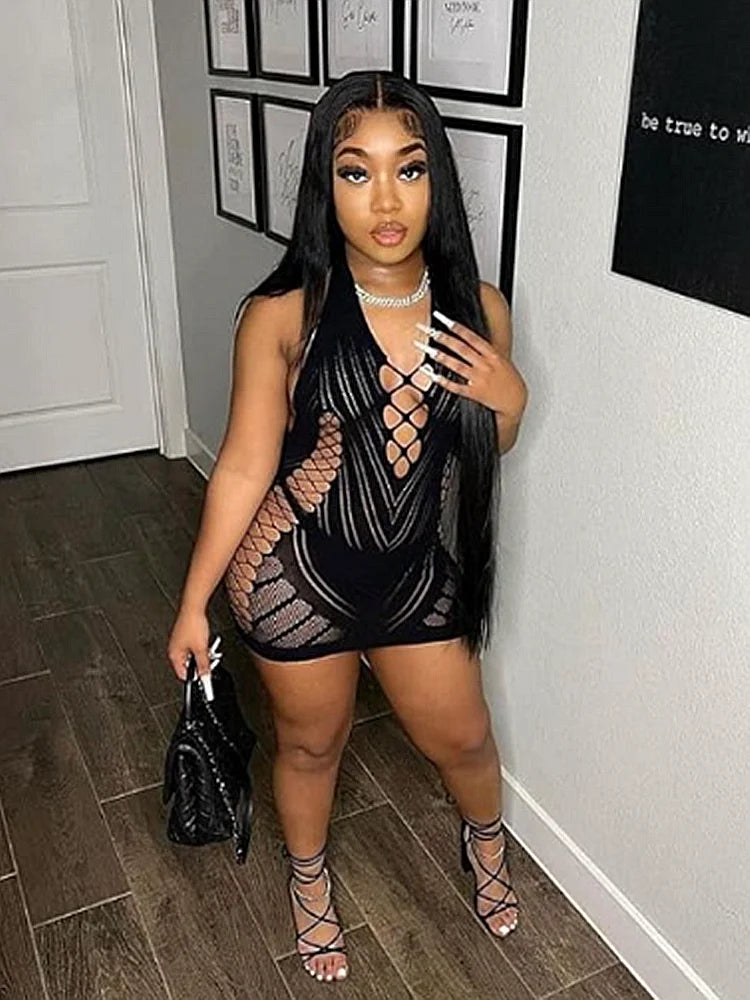 Transparent Lace Backless Hollow Halter Nightwear Party Club Mini Dresses