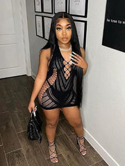 Transparent Lace Backless Hollow Halter Nightwear Party Club Mini Dresses