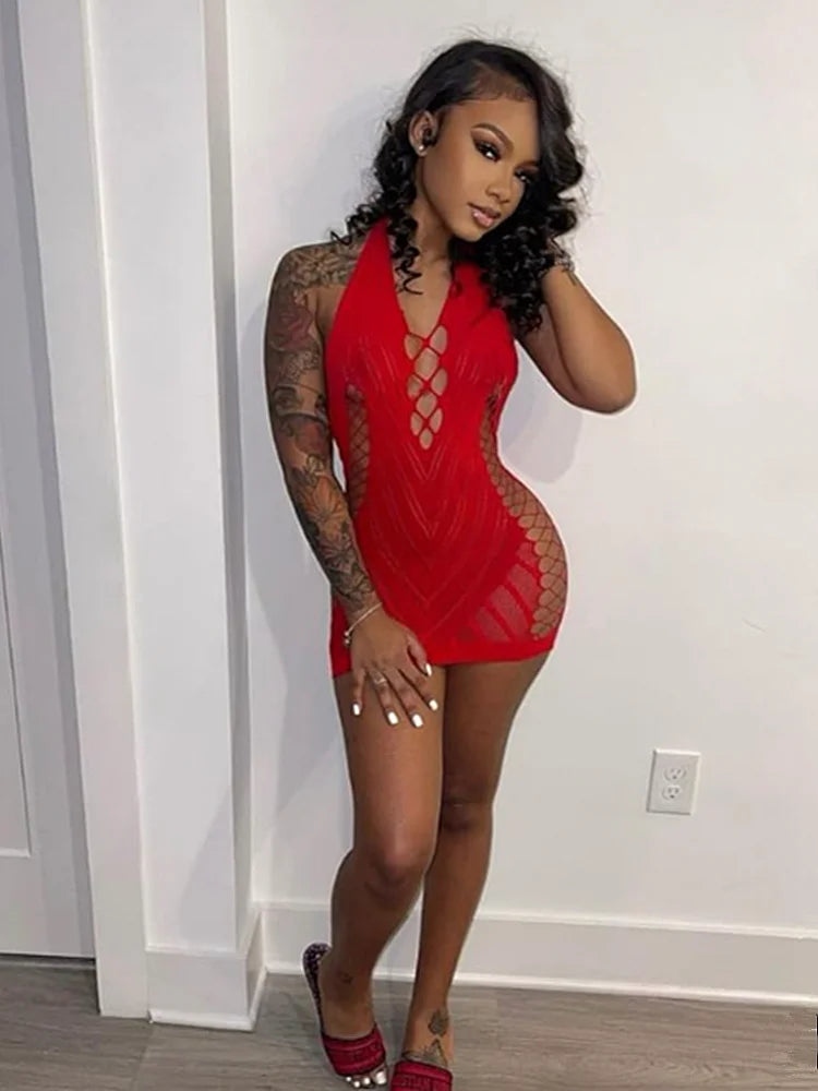 Transparent Lace Backless Hollow Halter Nightwear Party Club Mini Dresses