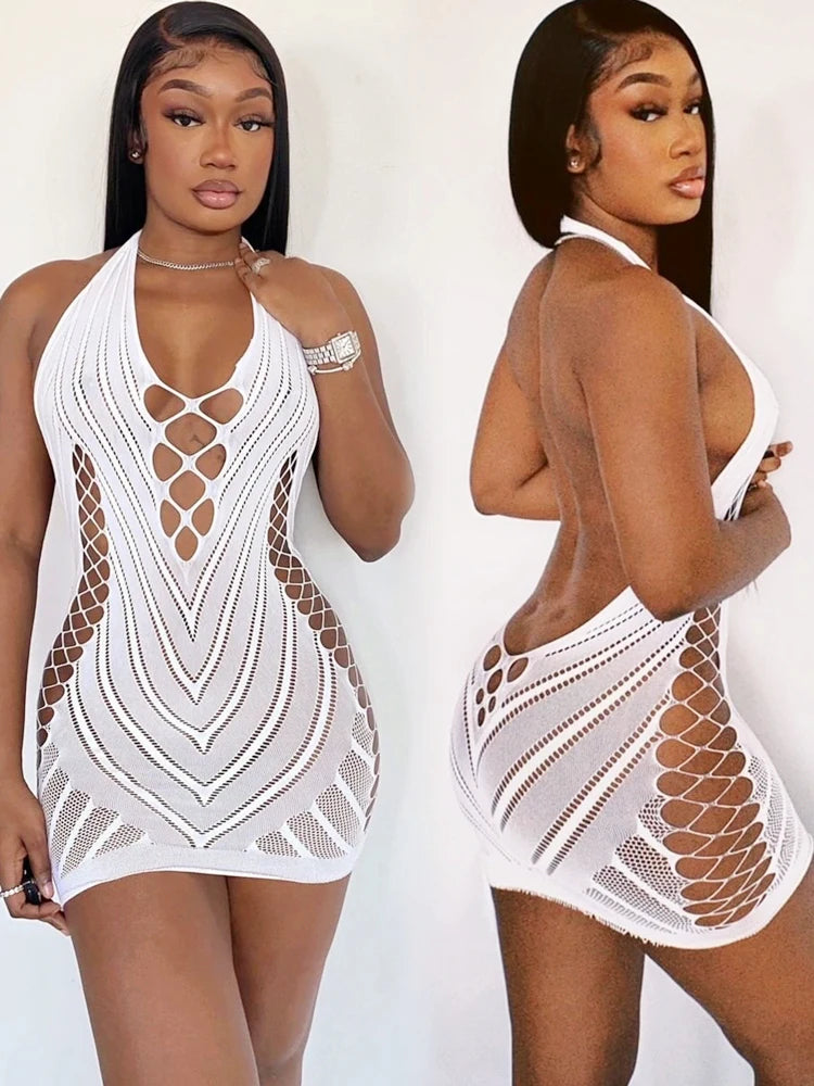 Transparent Lace Backless Hollow Halter Nightwear Party Club Mini Dresses
