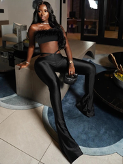 Trend Feather Strapless Tops High-Waisted Hollow Leggings Matching Clubwear Suits 2 Piece Set