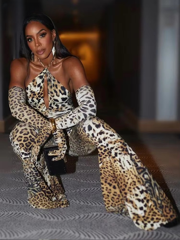 Trend Midnight Halter Bandage Leopard Backless Skinny Overalls Attractive Clubwear Jumpsuits