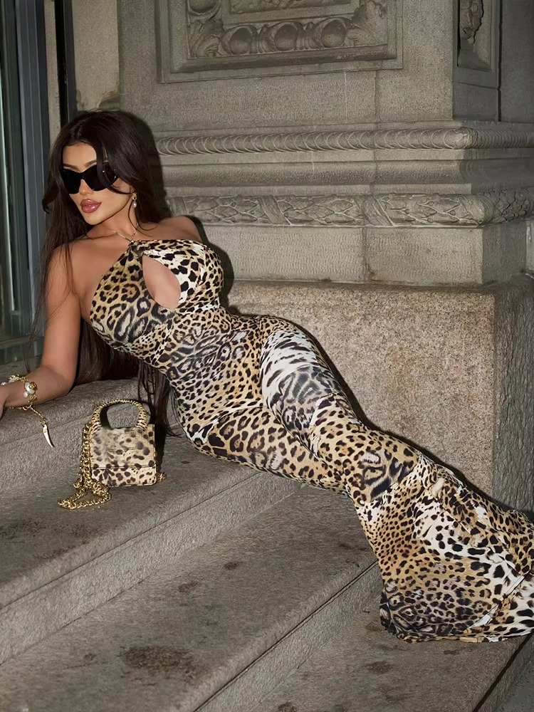 Trend Midnight Halter Bandage Leopard Backless Skinny Overalls Attractive Clubwear Jumpsuits