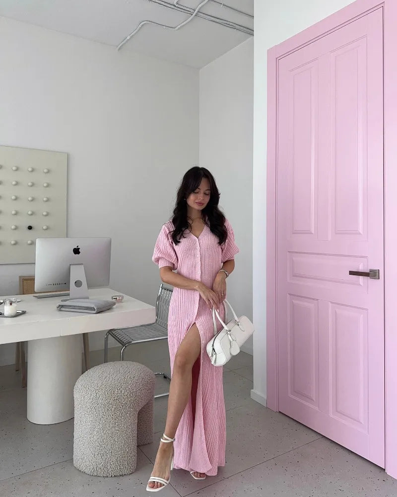 Trendix Slit Short Sleeve Patchwork High Waist Maxi Street Casual Dress