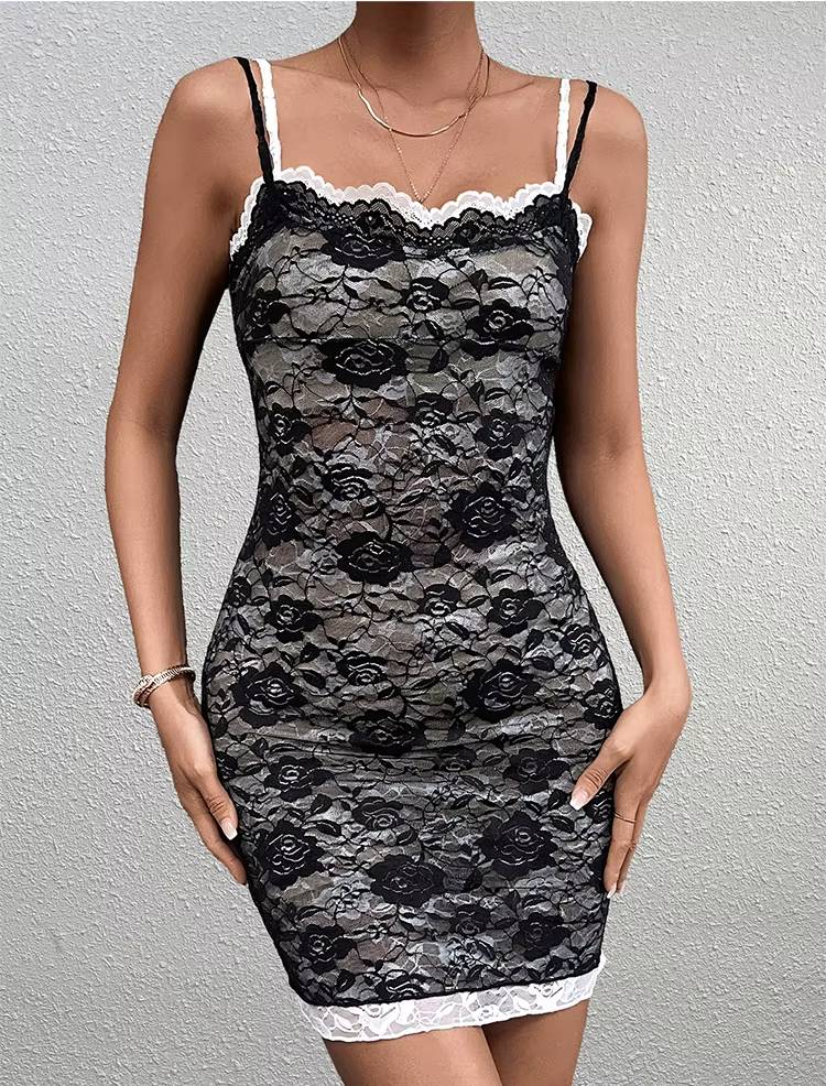Trendy Backless Double Layer Adjustable Straps Sleeveless Lace Cami Mini Dress