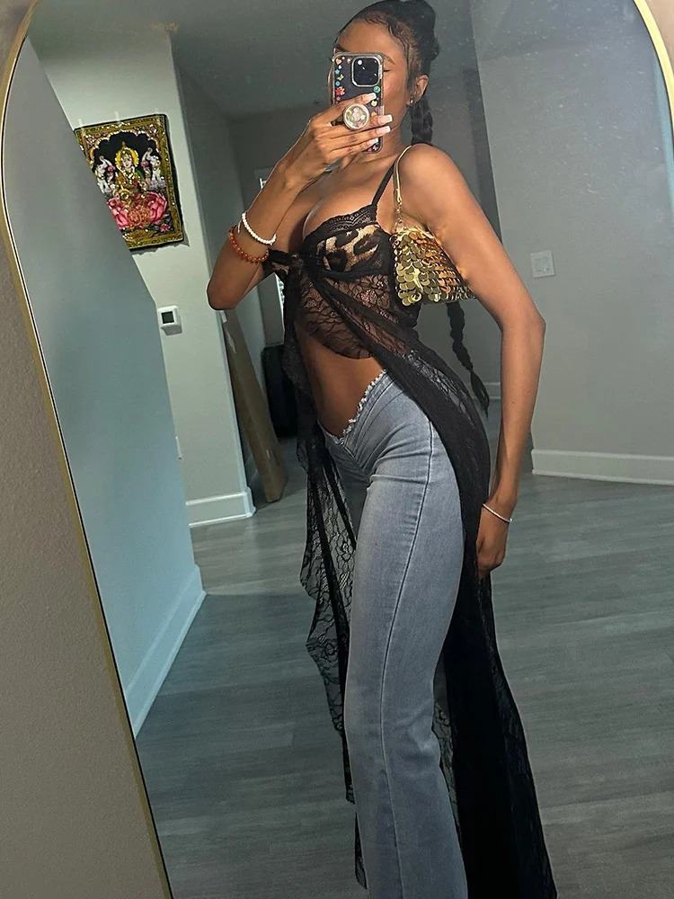 Trendy Backless Leopard Mesh Patchwork Ruffles Wild Coquette Maxi Top