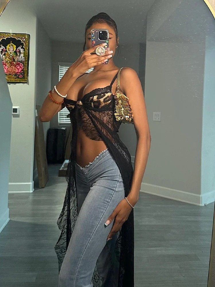 Trendy Backless Leopard Mesh Patchwork Ruffles Wild Coquette Maxi Top