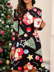 Trendy Cartoon Santa Printed Christmas Mini Dress