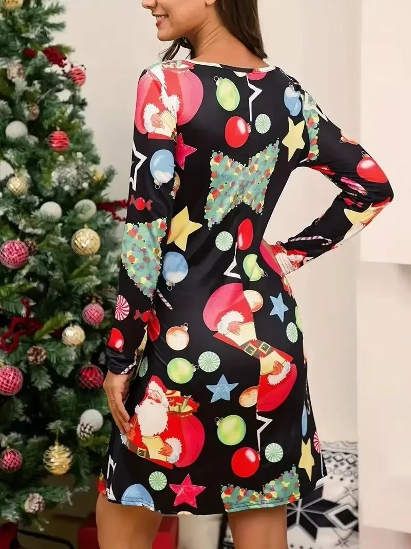 Trendy Cartoon Santa Printed Christmas Mini Dress