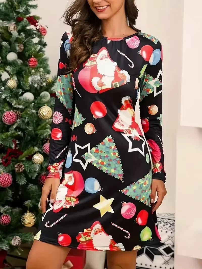 Trendy Cartoon Santa Printed Christmas Mini Dress