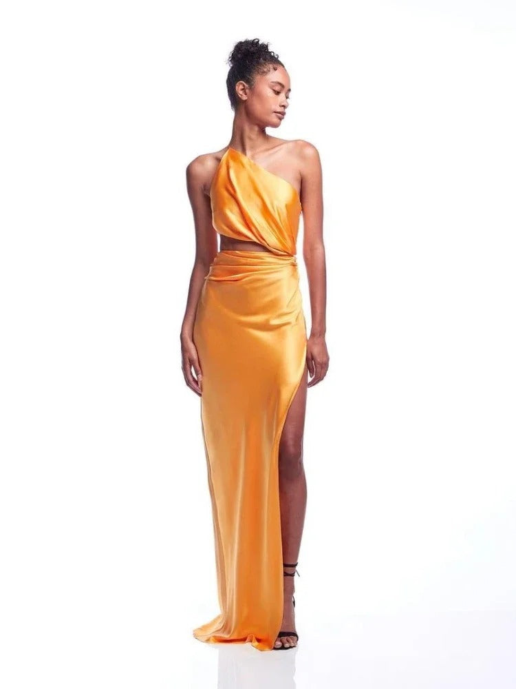 Trendy Draped Split Slim One Shoulder Long Dress Hollow Out Maxi Dress