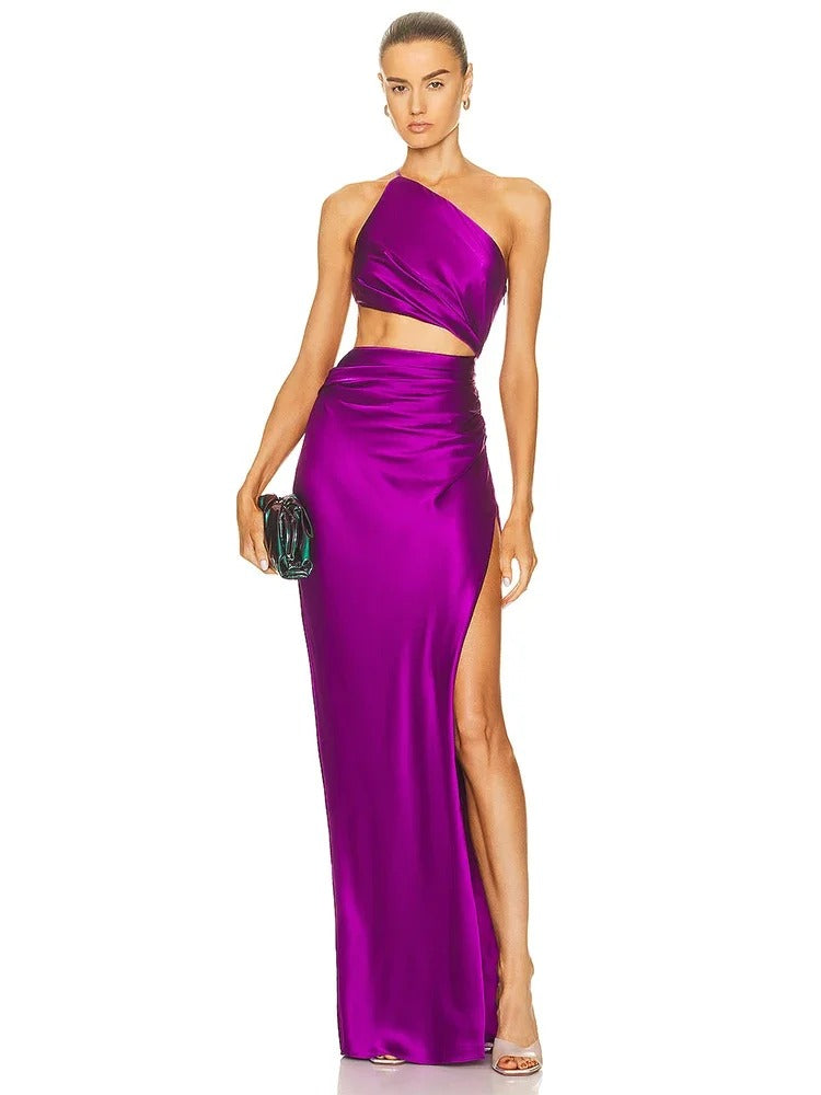 Trendy Draped Split Slim One Shoulder Long Dress Hollow Out Maxi Dress