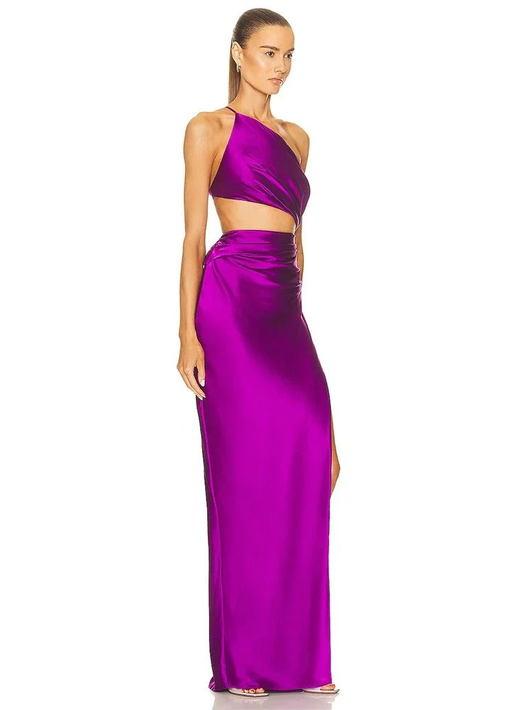 Trendy Draped Split Slim One Shoulder Long Dress Hollow Out Maxi Dress
