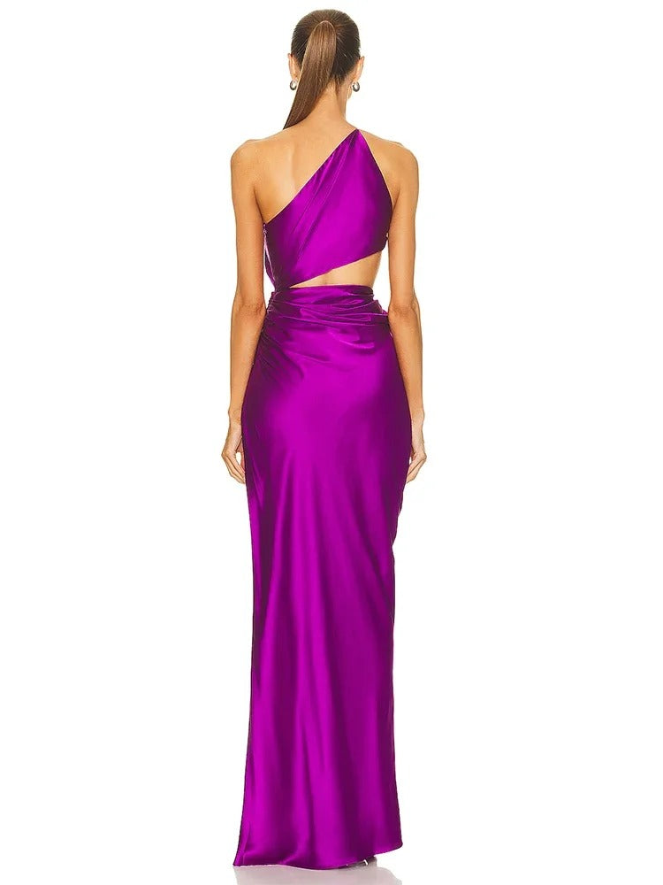 Trendy Draped Split Slim One Shoulder Long Dress Hollow Out Maxi Dress