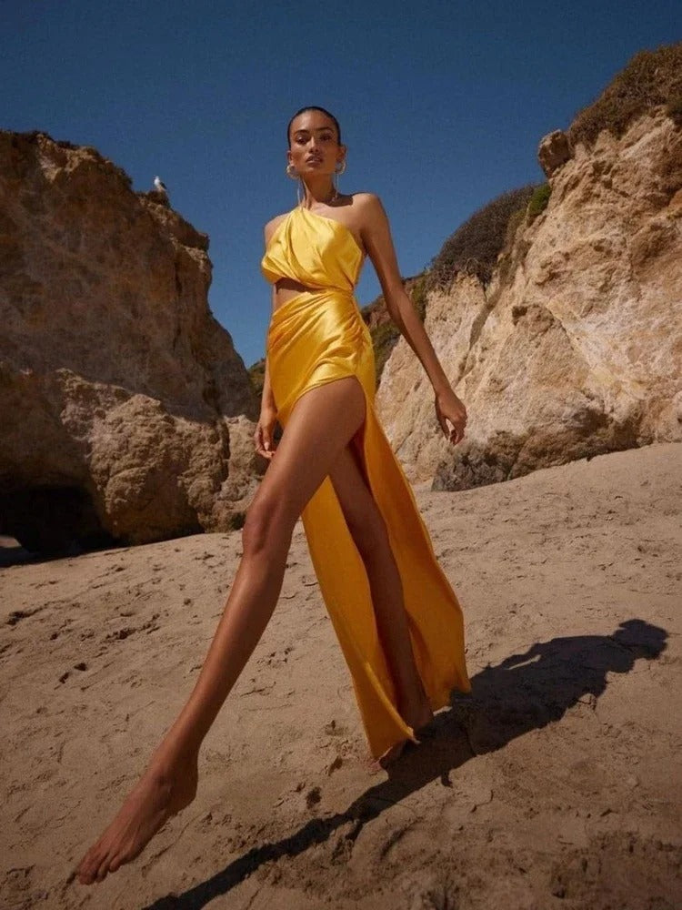 Trendy Draped Split Slim One Shoulder Long Dress Hollow Out Maxi Dress