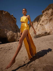 Trendy Draped Split Slim One Shoulder Long Dress Hollow Out Maxi Dress