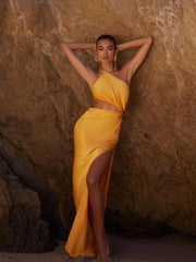 Trendy Draped Split Slim One Shoulder Long Dress Hollow Out Maxi Dress