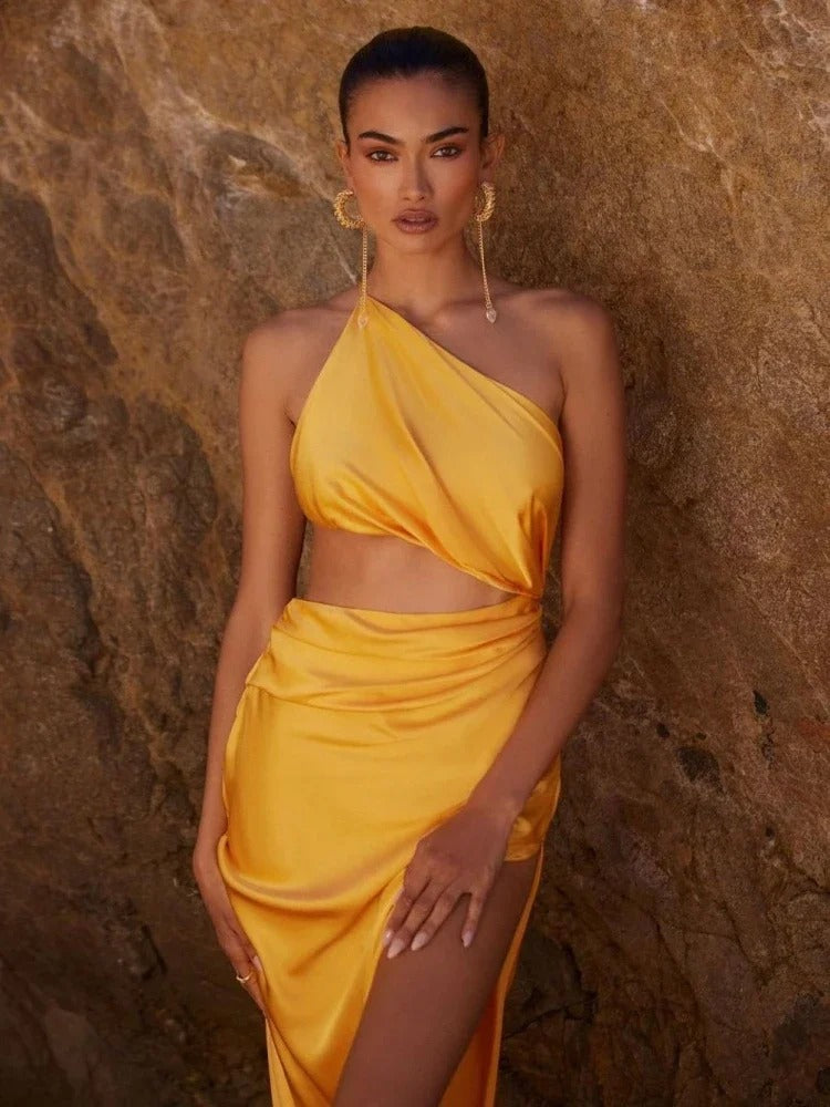 Trendy Draped Split Slim One Shoulder Long Dress Hollow Out Maxi Dress