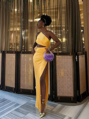 Trendy Draped Split Slim One Shoulder Long Dress Hollow Out Maxi Dress