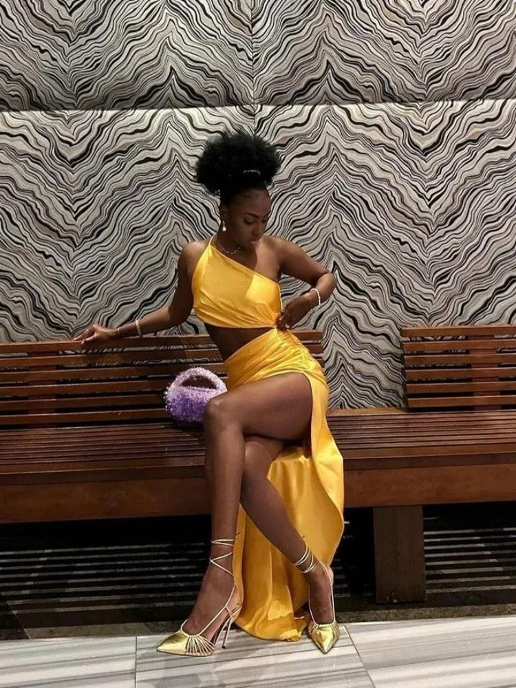 Trendy Draped Split Slim One Shoulder Long Dress Hollow Out Maxi Dress