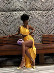Trendy Draped Split Slim One Shoulder Long Dress Hollow Out Maxi Dress