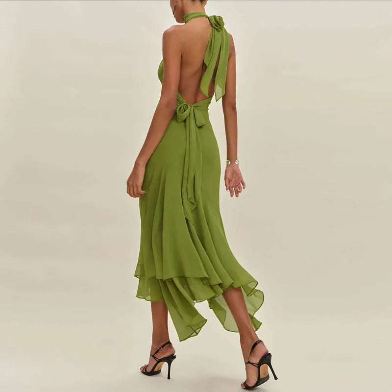 Trendy Elegant Tie-up Ruffle Irregular Pure Slim Fit Long Dress