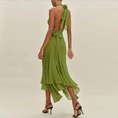 Trendy Elegant Tie-up Ruffle Irregular Pure Slim Fit Long Dress