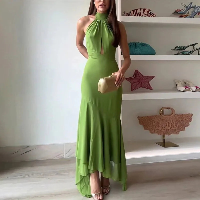 Trendy Elegant Tie-up Ruffle Irregular Pure Slim Fit Long Dress