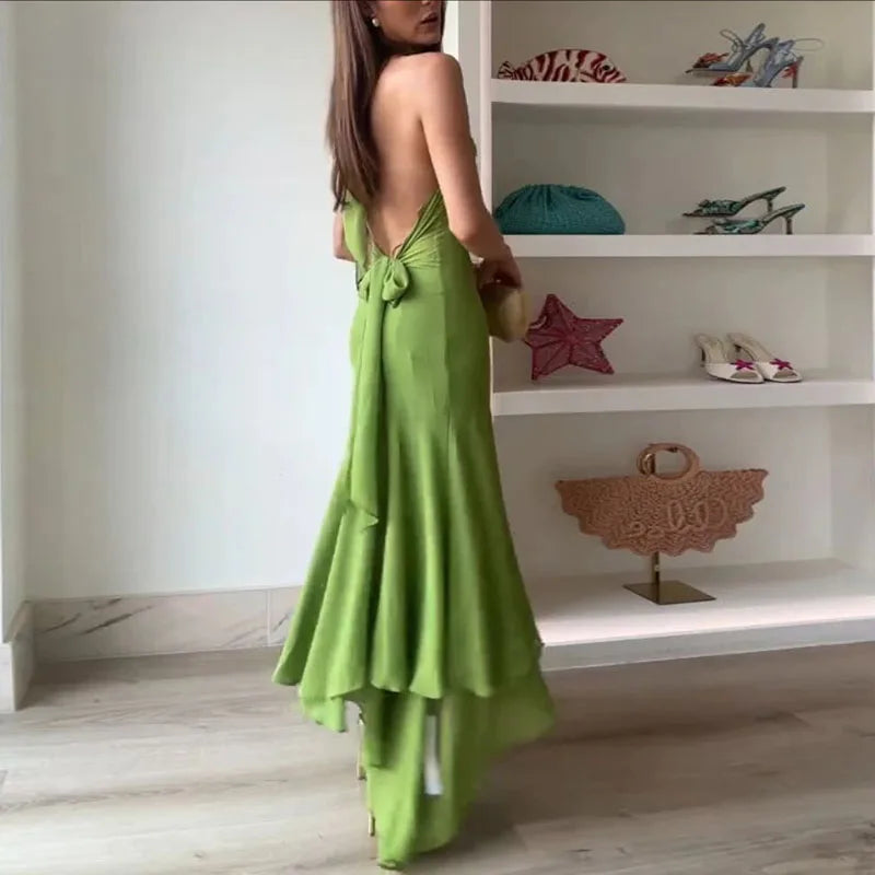 Trendy Elegant Tie-up Ruffle Irregular Pure Slim Fit Long Dress