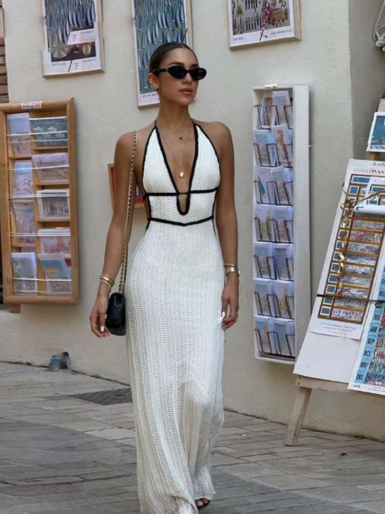 Trendy Empire Backless Lace-Up Sleeveless Halter Maxi Dress
