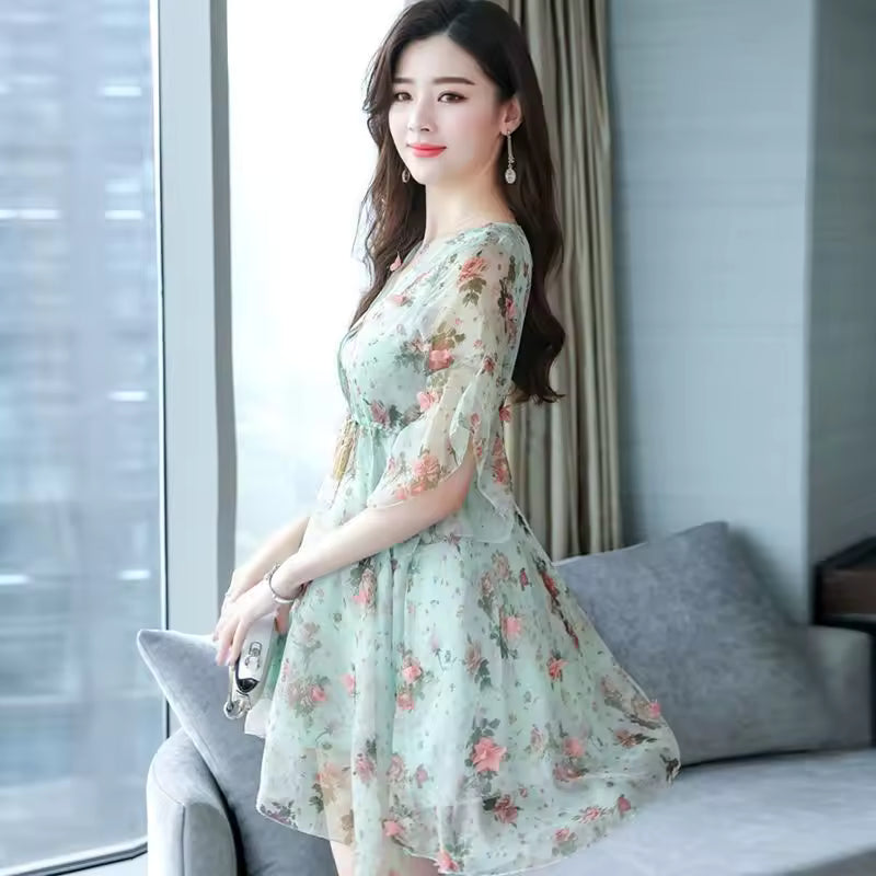 Trendy Floral V-neck Half-sleeved Ruffle Chiffon Dress