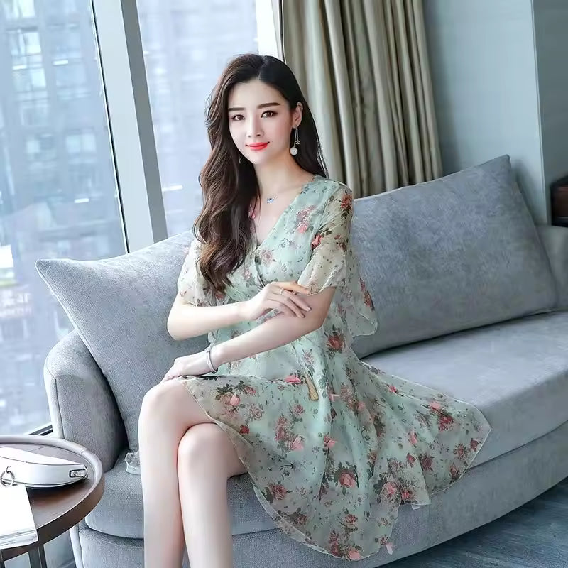 Trendy Floral V-neck Half-sleeved Ruffle Chiffon Dress