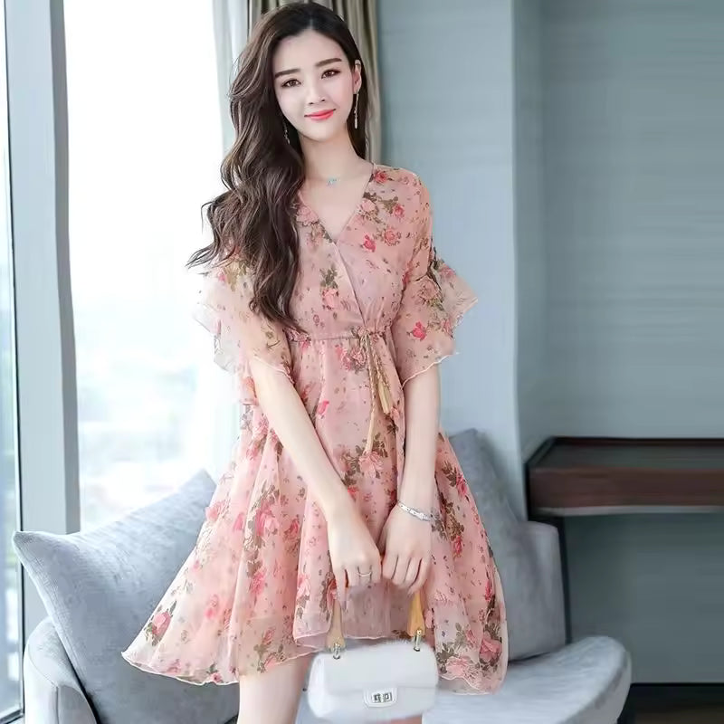 Trendy Floral V-neck Half-sleeved Ruffle Chiffon Dress