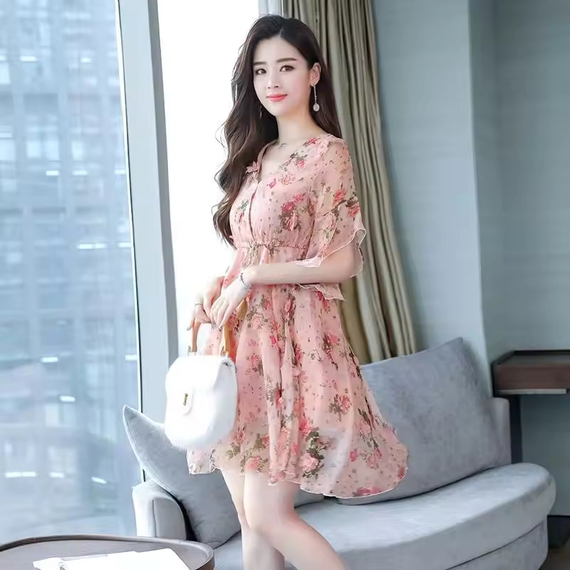 Trendy Floral V-neck Half-sleeved Ruffle Chiffon Dress
