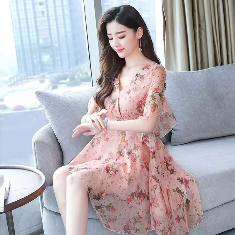 Trendy Floral V-neck Half-sleeved Ruffle Chiffon Dress