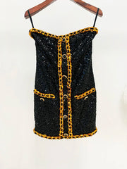 Trendy Gold Chains Sequined Designer Strapless Sheath Tube Dress