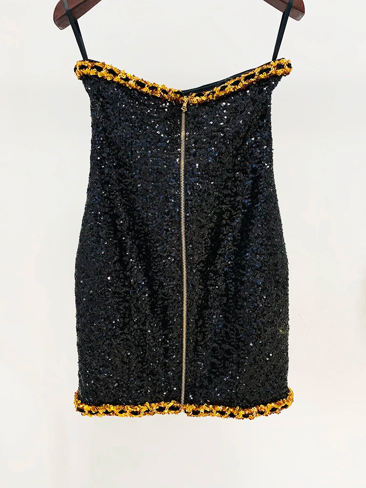 Trendy Gold Chains Sequined Designer Strapless Sheath Tube Dress