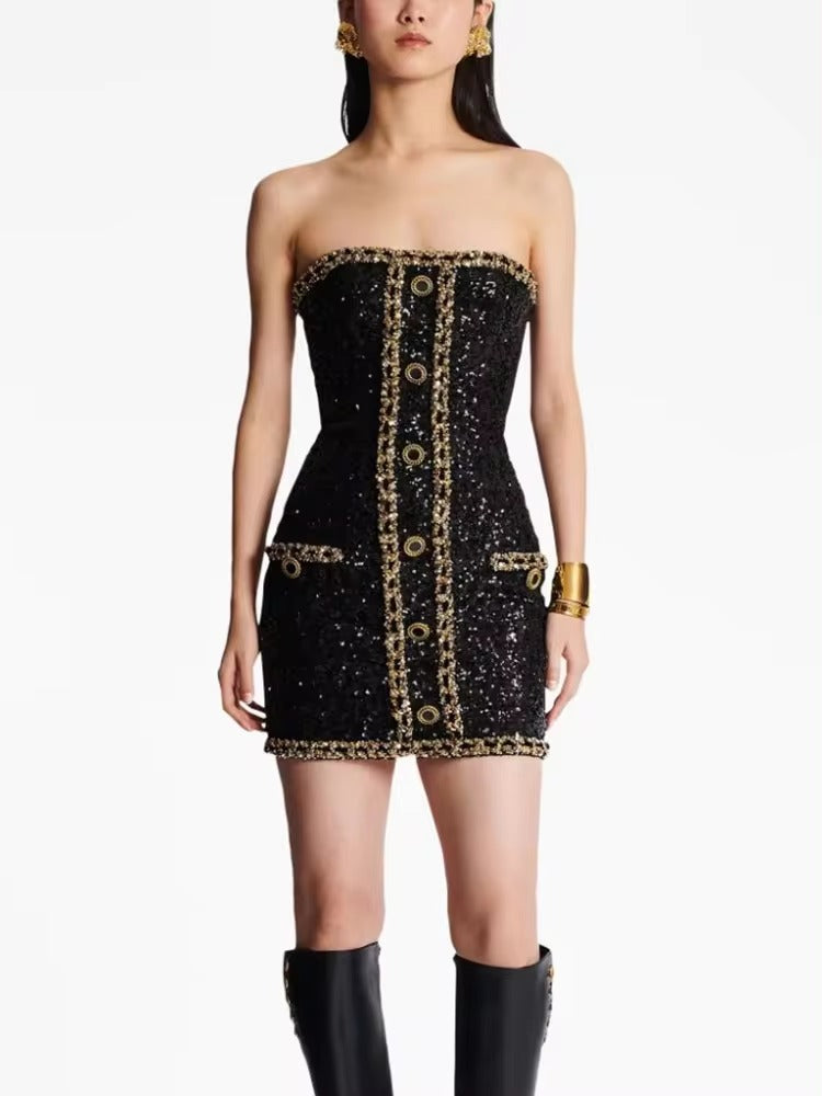 Trendy Gold Chains Sequined Designer Strapless Sheath Tube Dress