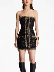 Trendy Gold Chains Sequined Designer Strapless Sheath Tube Dress
