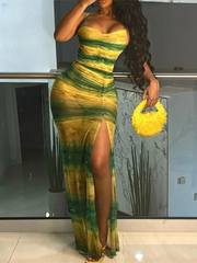 Trendy Gradient Backless Halter Split Long Bodycon Bandage Dress